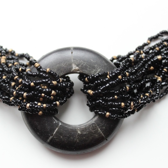 1980s boho tribal multistrand necklace beads horn black gold glass collier - Picture 7 of 11